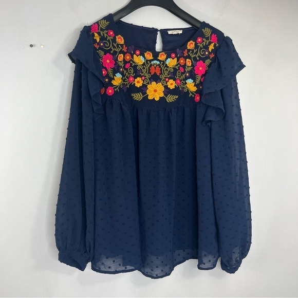 Jodifl Size Medium Swiss Dot Ruffle Embroidered Long Sleeve Blouse Boho EE10 - Picture 1 of 7